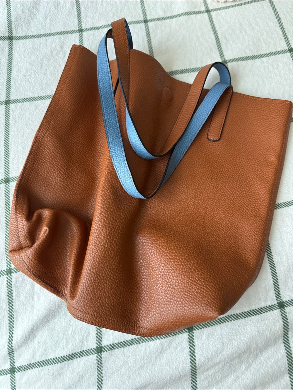 Reversible Brown Tote Bag with Blue Straps